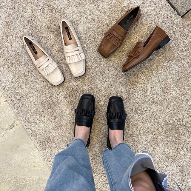 Giày lười oxford mũi vuông xếp bèo (có ảnh thật)