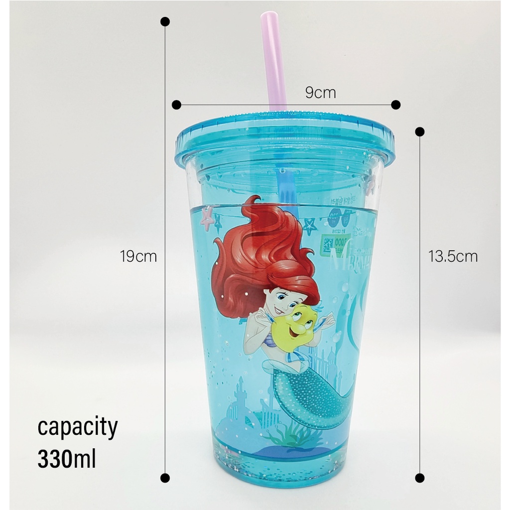 Bình Nước Kim Tuyến Kèm Ống Hút Hình Công Chúa Disney Dung Tích 330ml