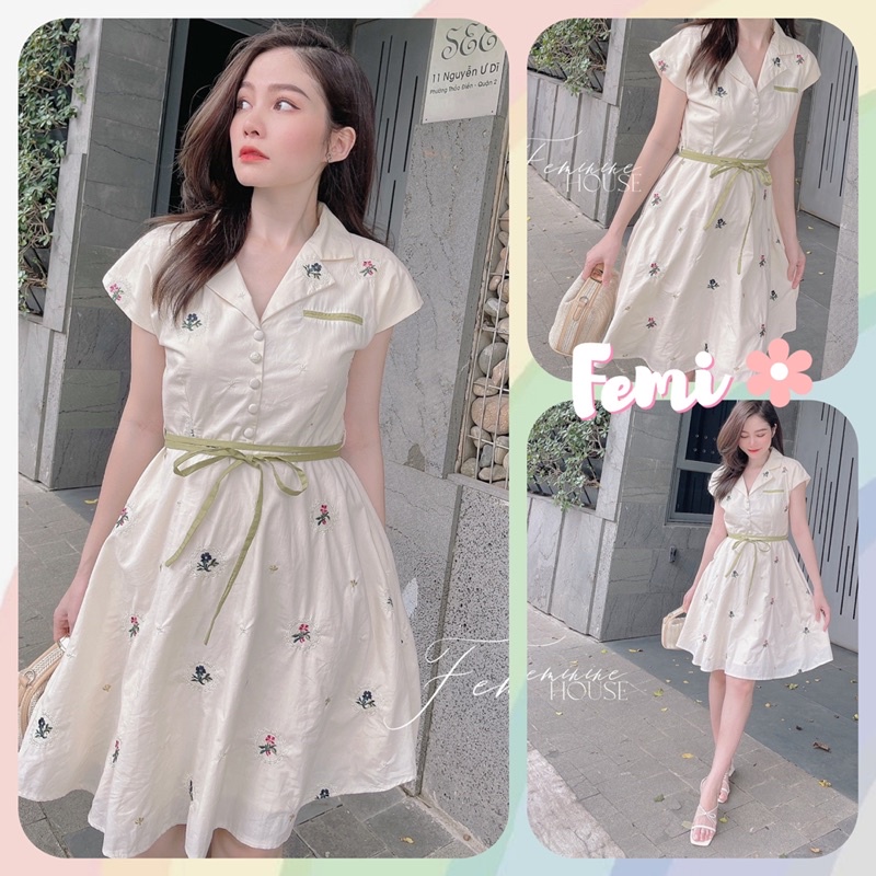 Đầm Cổ Vest Thêu Hoa, váy cổ vest, váy thêu xinh, váy hoa nhí, đầm công sở