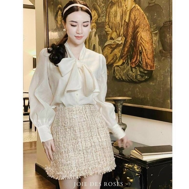 Áo sơ mi nữ cột nơ 2 màu trắng be chất đẹp 2 lớp