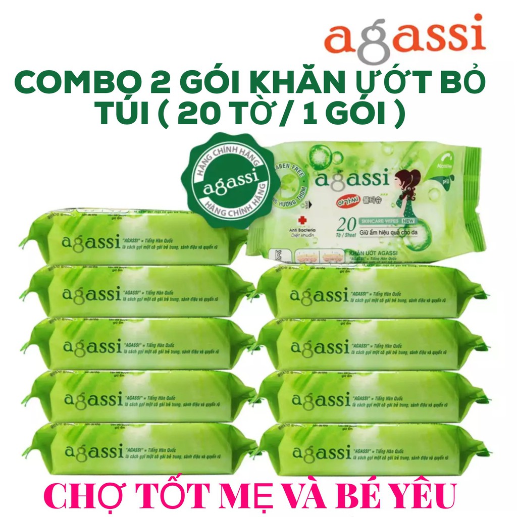 COMBO 2 GÓI KHĂN ƯỚT KHÔNG MÙI BỎ TÚI AGASSI 20 TỜ/1 GÓI