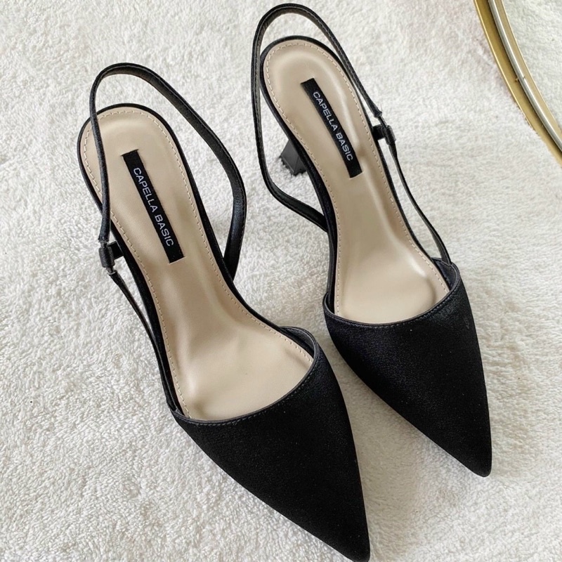 Giày cao gót hở eo slingback xinh lụa satin quai sang choảnh, duyên dáng
