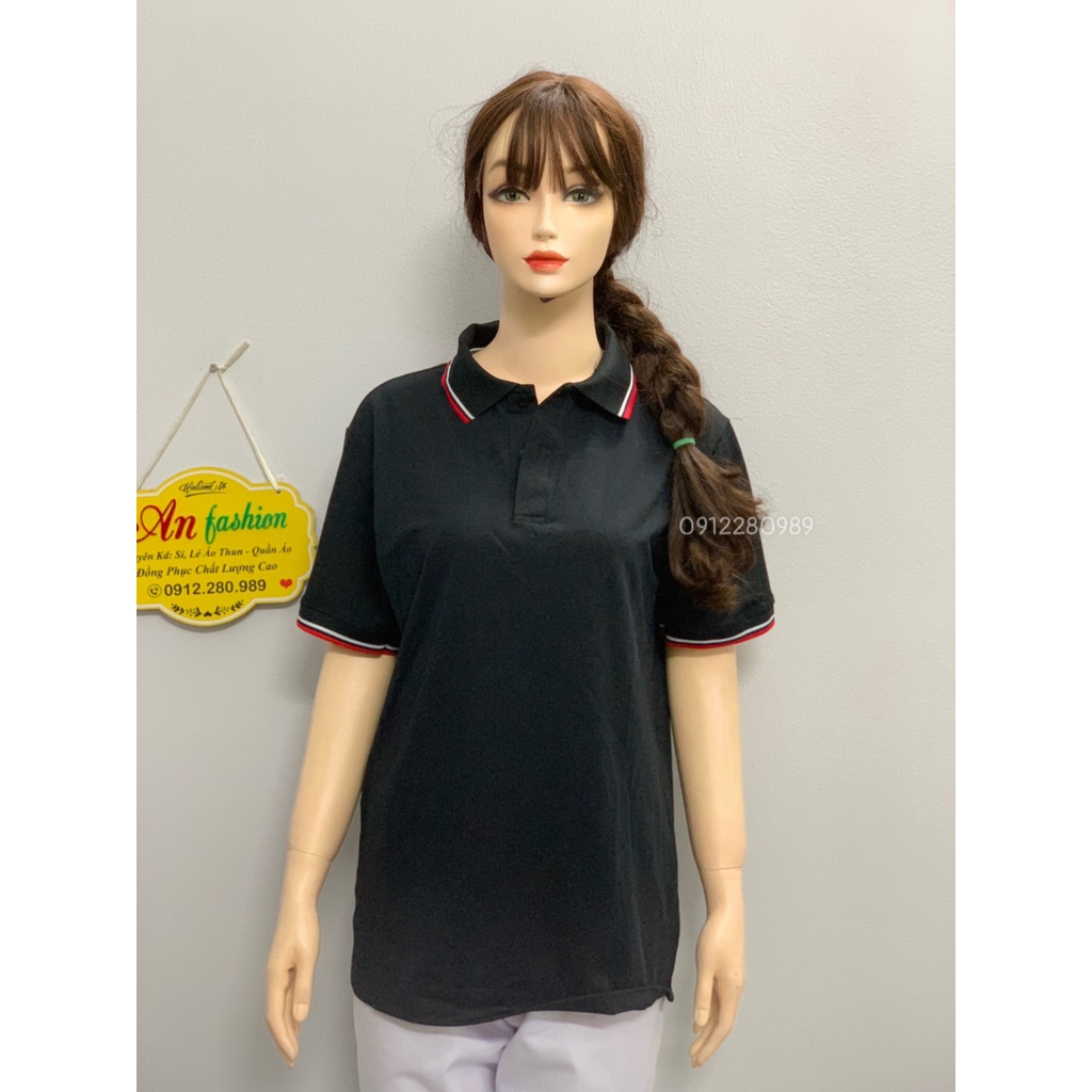 Áo thun có cổ màu đen viền đỏ vải poly Thái cao cấp cho nam nữ _ Hình chụp thật