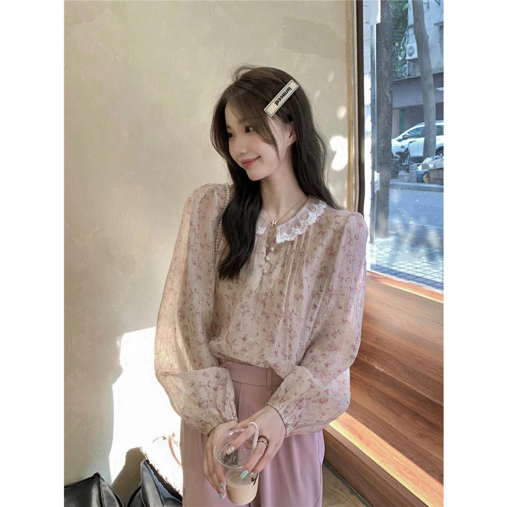 Áo Voan Hoa Dài Tay Phối Ren Xinh Xắn 63069