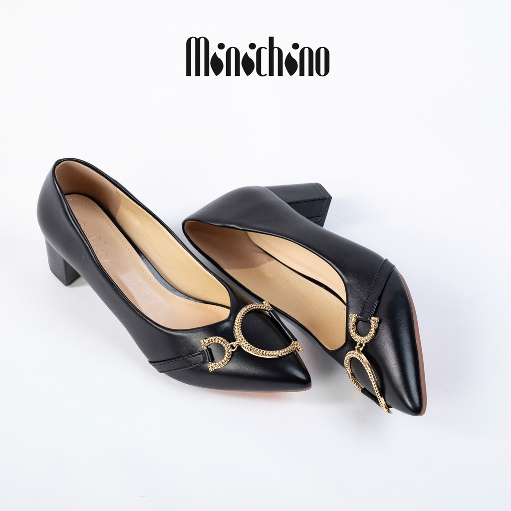 Giày búp bê nữ cao 5cm MINICHINO mũi nhọn gót vuông, da mờ thời trang màu kem TC048 | BigBuy360 - bigbuy360.vn