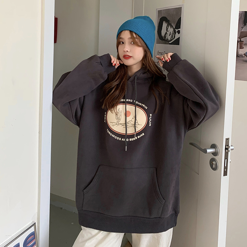 Áo Hoodie Dài Tay Dáng Rộng Phối Dây Rút Dễ Phối Đồ Thời Trang