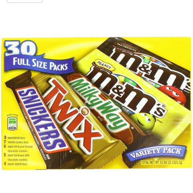 Hộp 30 gói hỗn hợp Chocolate Snickers + Milky Way + Tiwx + M & M  1.52kg