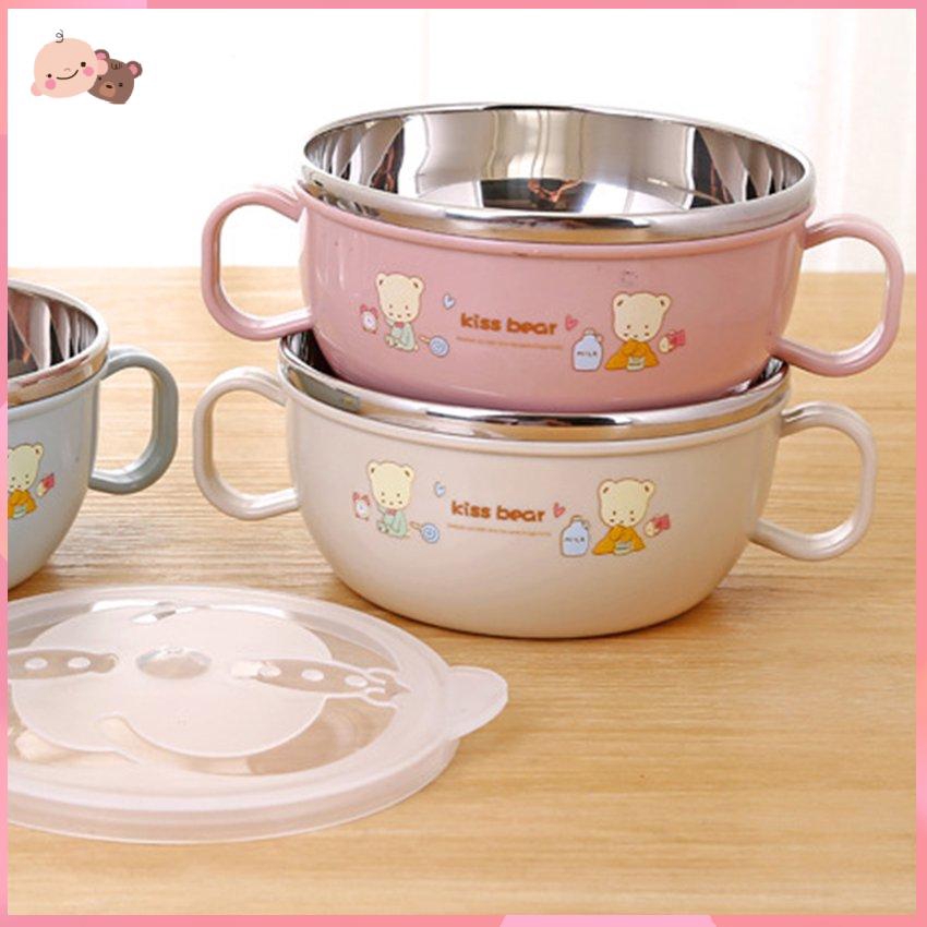 Bát ăn dặm hai quai bằng thép không gỉ có nắp đậy và thìa an toàn cho bé