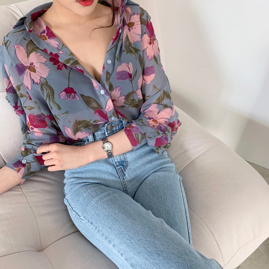 Áo Sơ Mi Chất Liệu Vải Voan Hoạ Tiết Hoa Với Tay Dài Cho Nữ