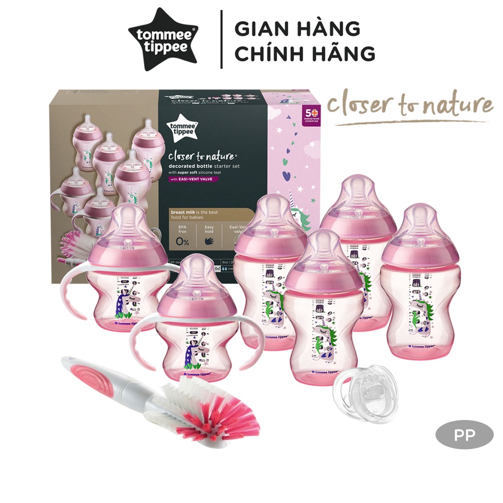 Bộ bình sữa sơ sinh họa tiết ty siêu mềm tự nhiên Tommee Tippee Closer to Nature - Hồng