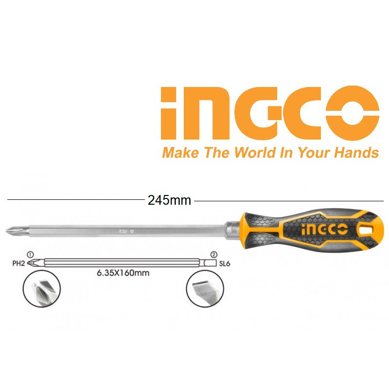 INGCO Tô vít Tuốc nơ vít 2 đầu 6.35x160mm dài 245mm PH2 SL6 CRV AKISD0201 THT250206