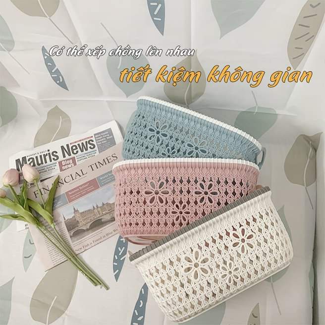 Rổ nhựa đan mây có quai cầm Việt Nhật size bé 3377-1, giỏ nhựa chữ nhật đựng đồ có quai cầm màu pastel xinh xắn_CC