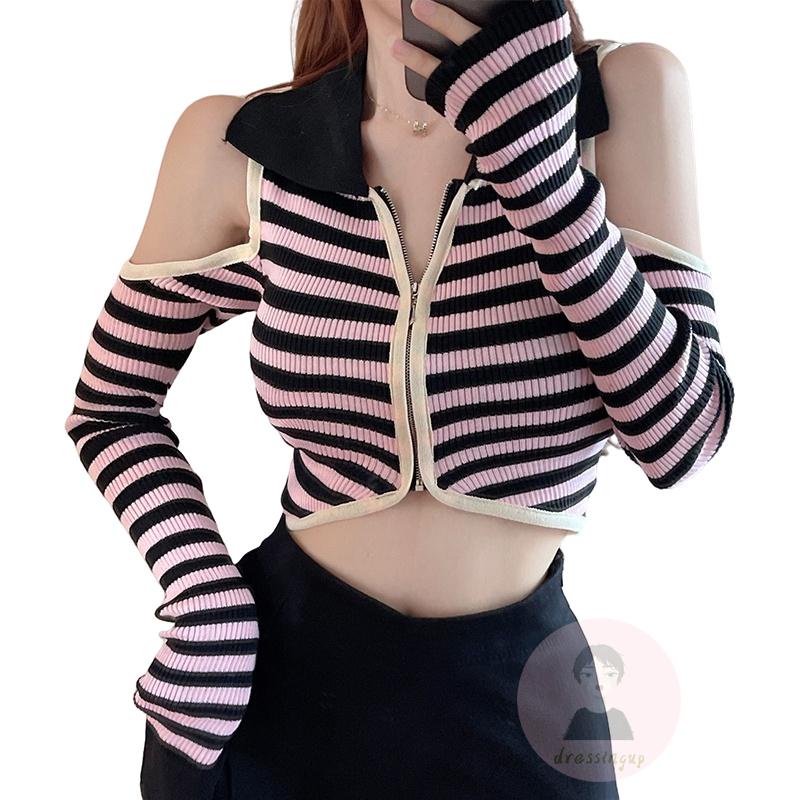 Áo Thun Tay Dài Trễ Vai Kẻ Sọc Ngang Phối Khóa Kéo Thời Trang Cho Nữ