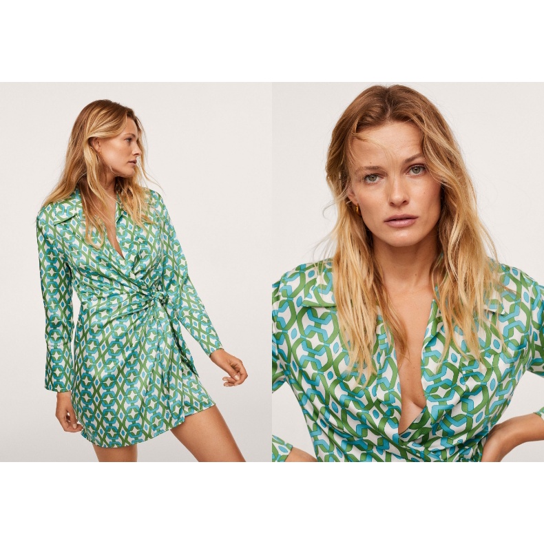 Zara Morocco full tag - Đầm MG lụa họa tiết stamps xanh cực đẹp DS25VXG50N10