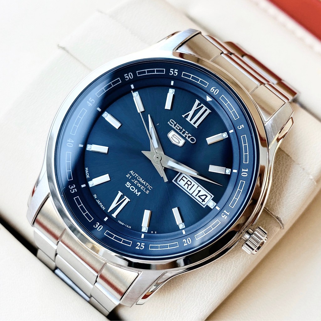 Đồng hồ Nam chính hãng Seiko 5 Automatic SNKP17J1 Mặt xanh,Lịch thứ ngày-Máy cơ tự động -Dây kim loại-Size 42mm