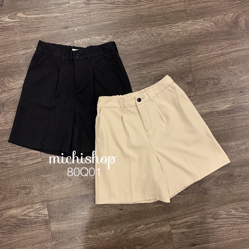 Quần short vải ống rộng lưng chun màu đen-be 80Q01