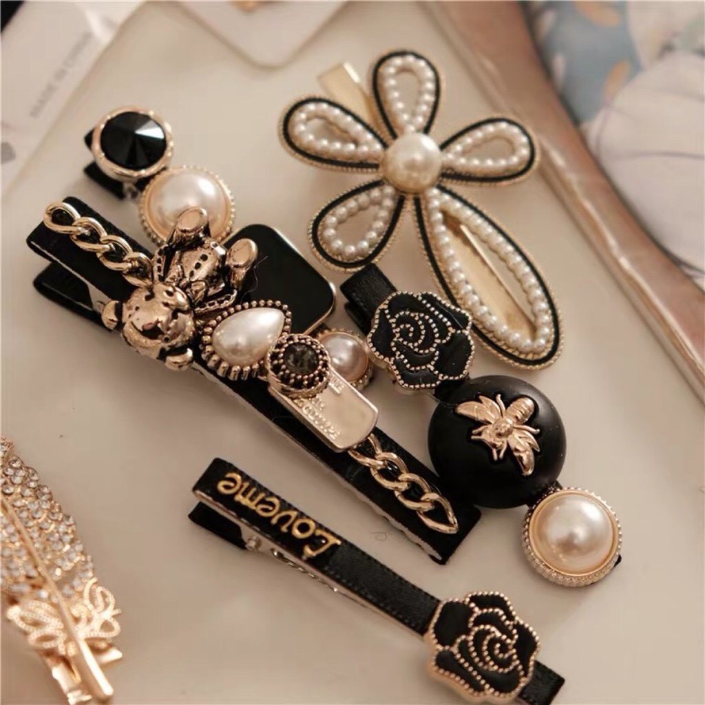 Set 5 kẹp tóc thời trang Hàn Quốc đính đá màu đen dễ thương cho bạn gái Dumi Shop