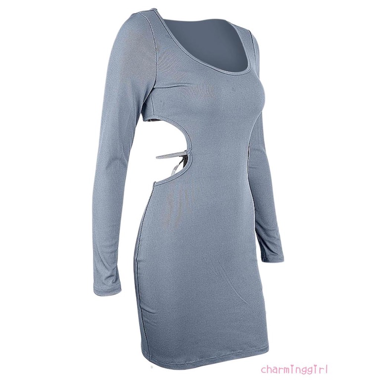 CHM-Women´s Short Bodycon Dress Solid Color Back Hollow-Out Long Sleeve Low-Cut Dress Spring Wrapped Hip Dress