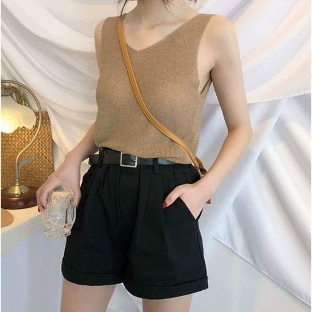 [Kèm thắt lưng] Quần đùi kaki nữ gập gấu cá tính HARIQUEEN