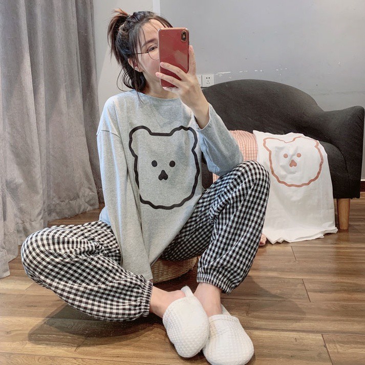 Bộ đồ mặc nhà nữ thu đông, bộ ngủ dài tay hoạt hình quần kẻ caro dáng thụng hàn quốc  2 màu