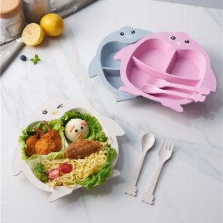 Bộ khay bát, muỗng và nĩa lúa mạch hình chim cánh cụt cho bé ăn dặm