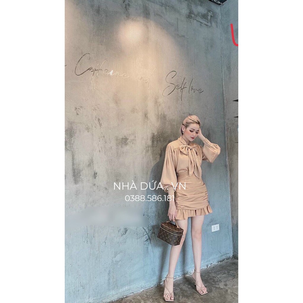 [hình + video thật] Sét áo cổ nơ kèm váy nhún thanh lịch - set trang phục mặc đi học đi chơi đi làm- áo nơ kèm chân váy | BigBuy360 - bigbuy360.vn