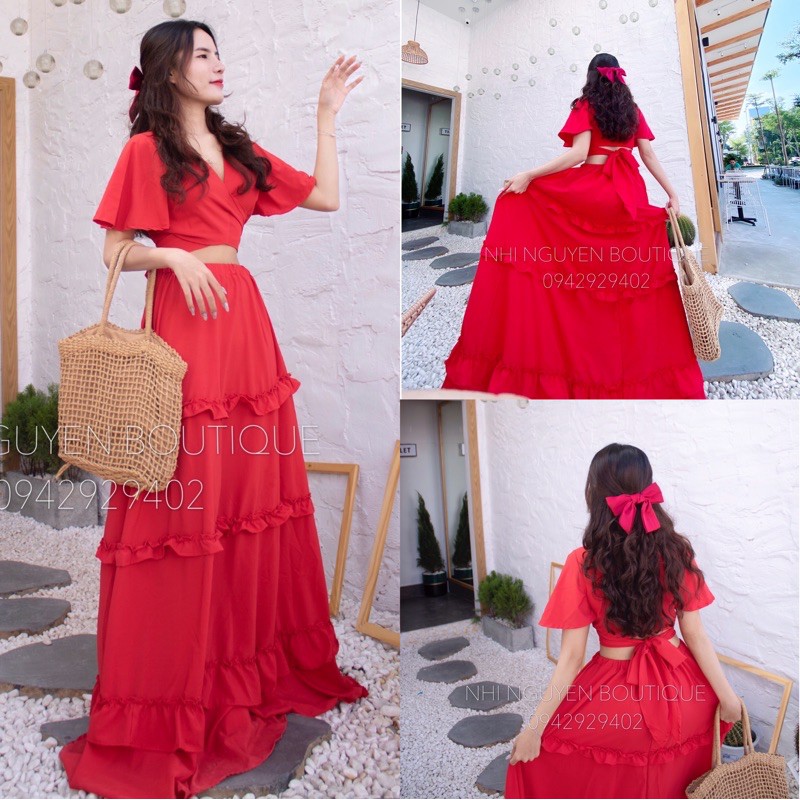 (Ảnh thật chính chủ) Set đầm maxi đỏ bèo + áo cánh tiên thắt nơ du lịch hàng loại 1