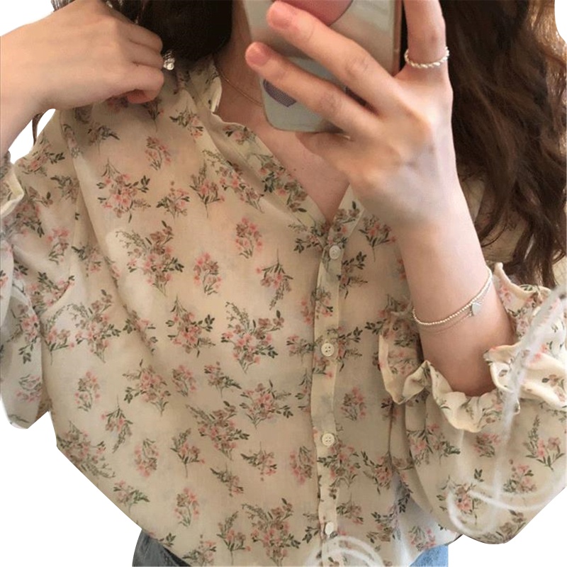 Áo Sơ Mi Chiffon Tay Dài Ống Loe In Họa Tiết Hoa Ngọt Ngào Thời Trang Mùa Thu Hàn Quốc Cho Nữ