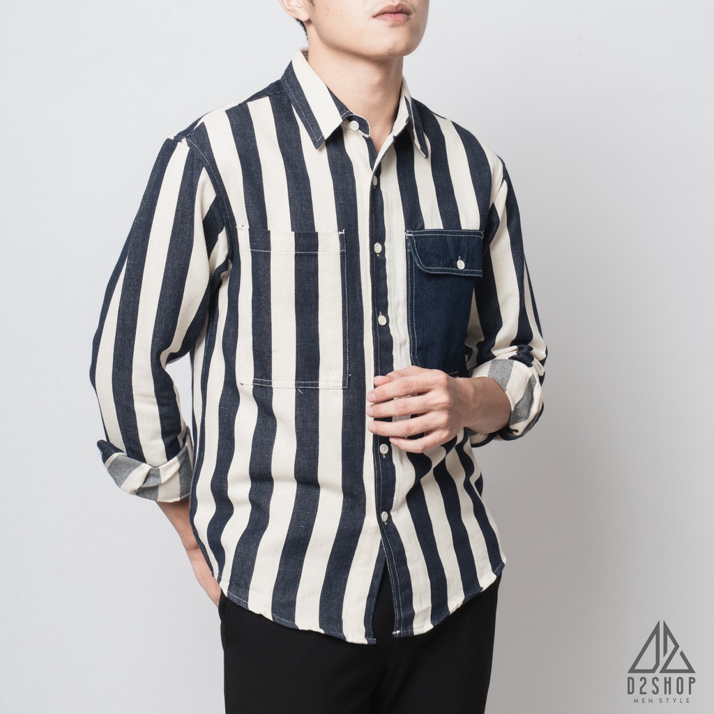 Áo sơ mi nam D2shop, áo sơ mi nam dài tay, túi hộp, kẻ sọc to, sọc xanh