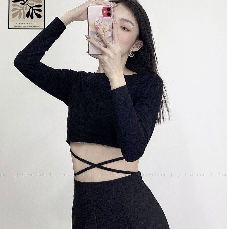Áo croptop tay dài ôm body thắt dây eo cá tính
