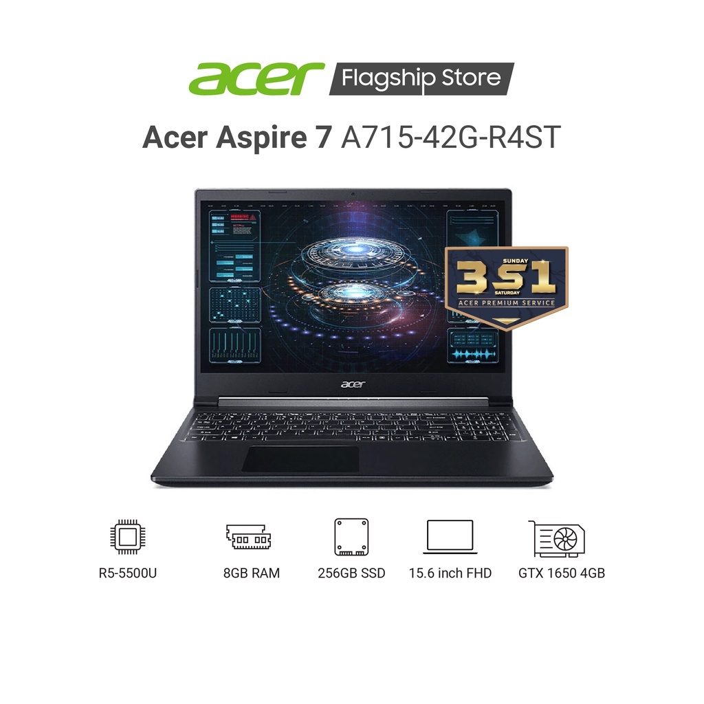 Laptop Gaming Acer Aspire 7 (A715-42G-R4ST) R5-5500U | 8GB RAM | 256GB SSD | GTX1650 4GB |15.6 FHD | Win 10 | ĐEN