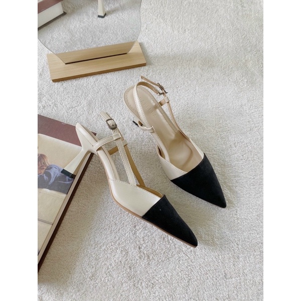 Giày slingback Malena liên sườn mũi vá vải