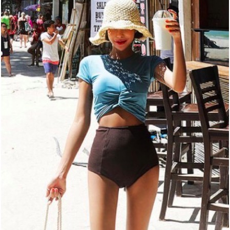 Bikini dáng croptop áo xanh quần đen chất thun lạnh hàng Quảng Châu