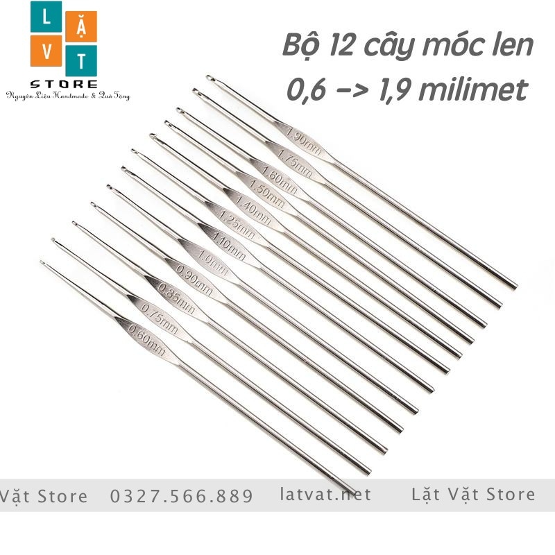 Bộ 12 cây móc len, móc chỉ, móc ren sợi nhỏ