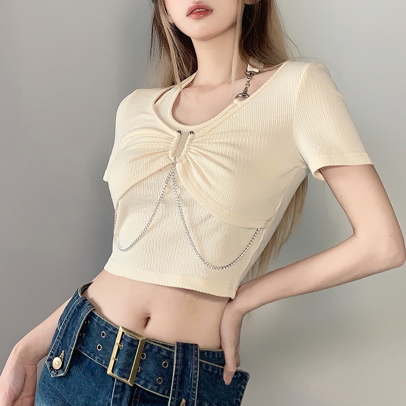 Áo Thun Tay Ngắn Cổ Chữ U Phối Dây Xích Thời Trang Cá Tính Cho Nữ