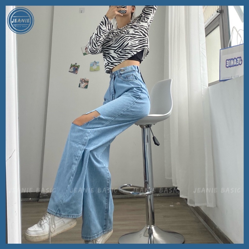 Quần jean rách gối ống suông dài Jeanie 122