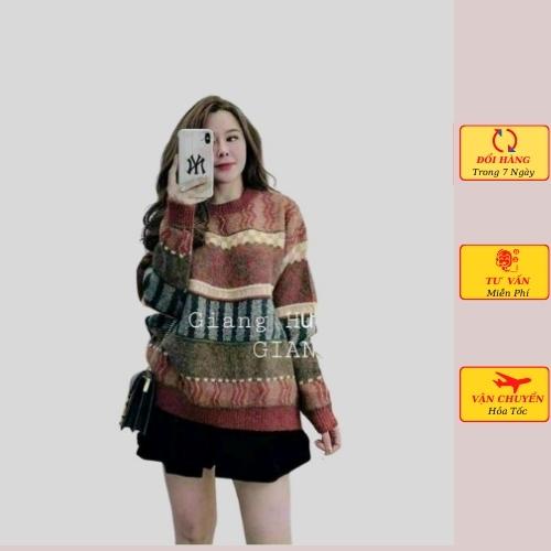 Áo len nữ vintage thổ cẩm dài tay oversize phom rộng ulzzang hàn quốc mùa thu đông