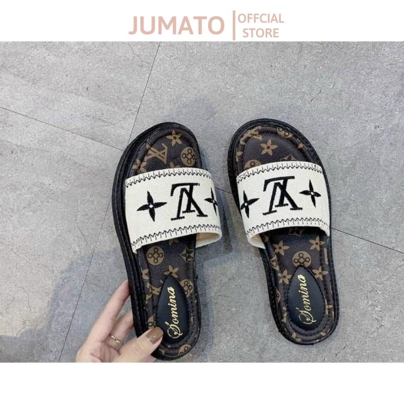 Dép lê nữ quai ngang đế bánh mỳ 3cm quai da thêu LV bền đẹp JUMATO G2.015.DE.35