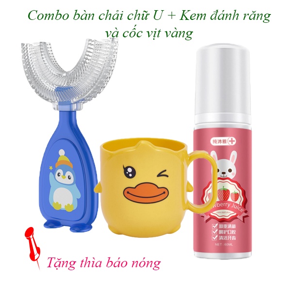 Combo bàn chải đánh răng chữ u cho bé + kèm đánh răng tạo bọt + cốc vịt vàng cho bé