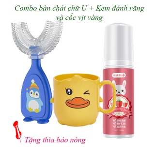 Combo bàn chải đánh răng chữ u cho bé + kèm đánh răng tạo bọt + cốc vịt vàng cho bé