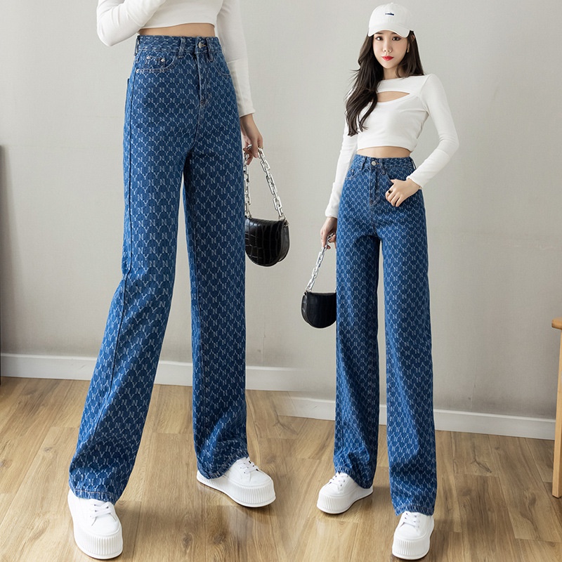 Quần jean nữ ống rộng cạp cao dáng suông in nổi NYY 3D cao cấp