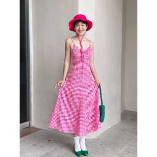 Đầm dây midi form xoè rã cách điệu thời trang thắt dây ngực thời trang GAGO hoạ tiết caro GG4049