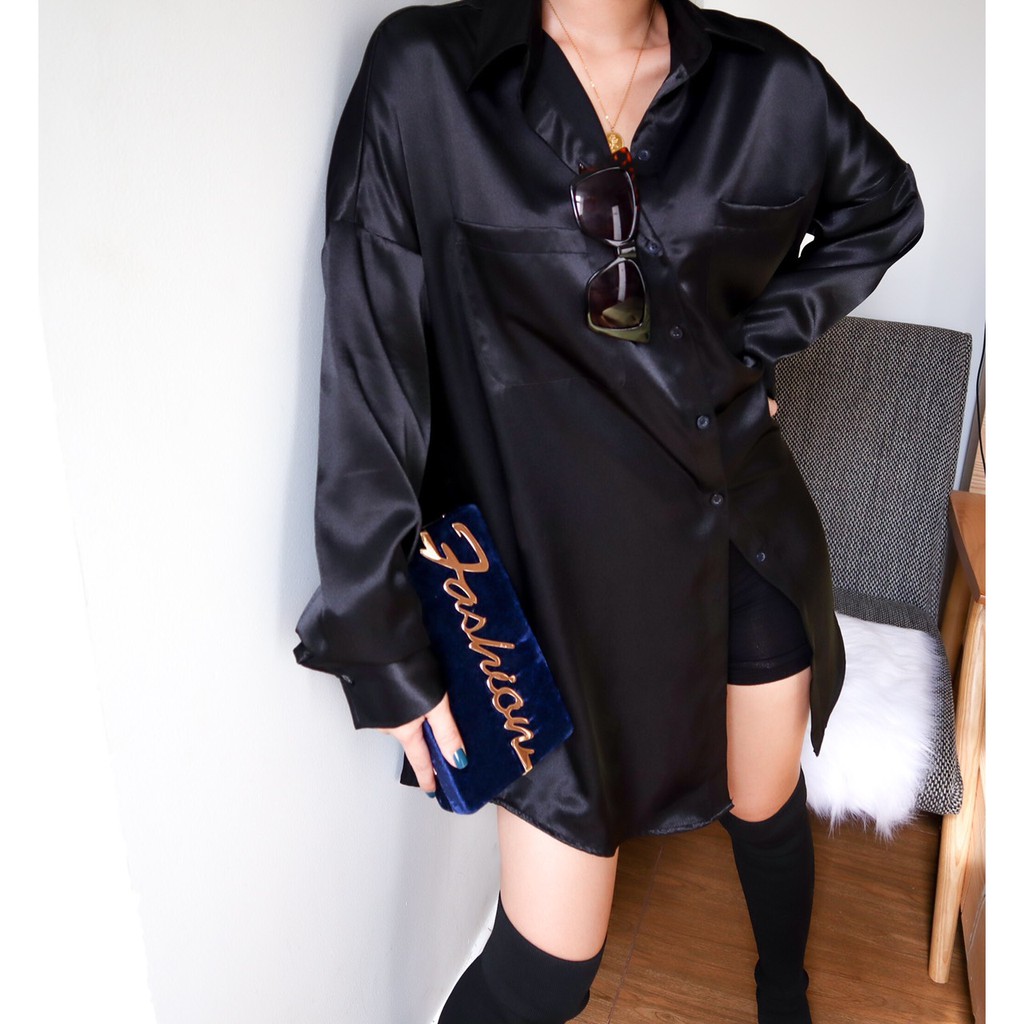 Áo sơ mi tay dài oversize - Đen