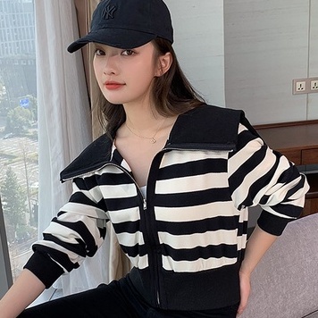 Áo Khoác Cardigan Dệt Kim Tay Dài Cổ Thủy Thủ Hoạ Tiết Kẻ Sọc Hợp Thời Trang