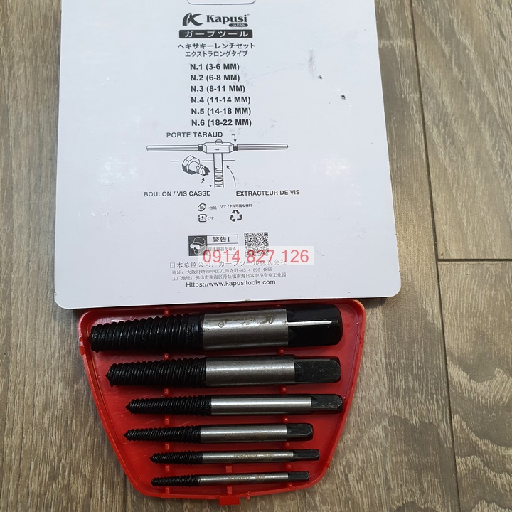 Bộ tháo bu lông ốc vít gãy hãng Kapusi Nhật Bản 6 chi tiết 3-22mm taro ren ngược, Bảo hành 12 tháng,