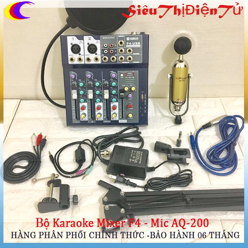 Combo thu âm Mixer F4 với Mic AQ200 MA2 chân màng dây 1 ra 2 zắc chuyển 3.5 lên 6.5