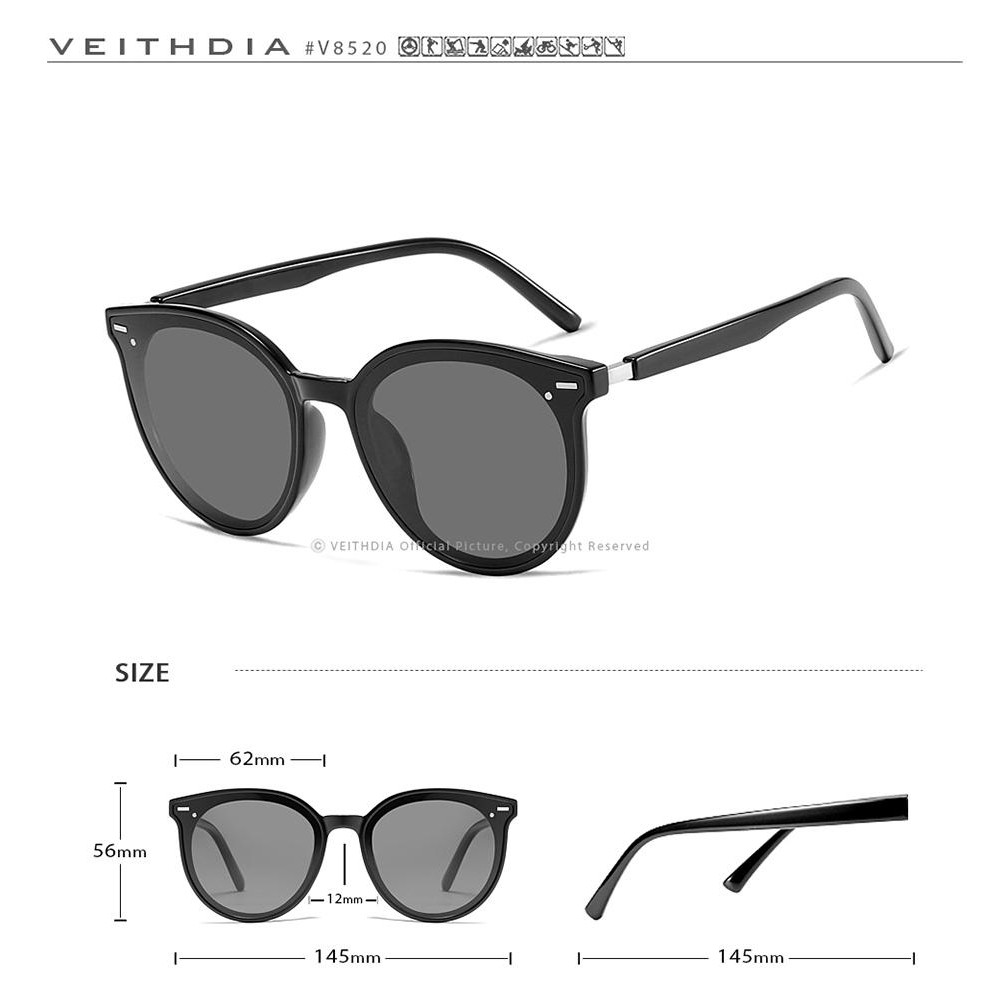 Kính mát nữ VEITHDIA 8520 phân cực màu đen mờ phong cách photochromic | BigBuy360 - bigbuy360.vn