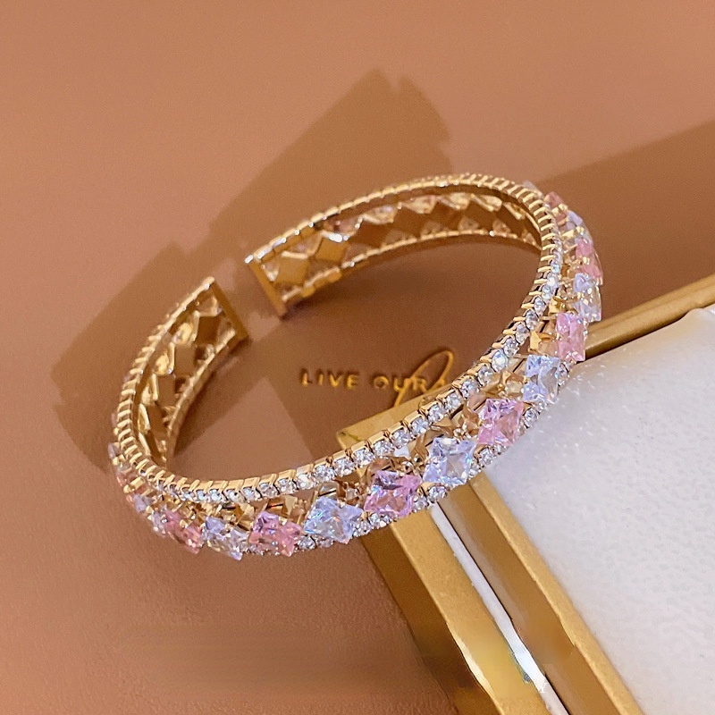 Vòng Tay Hở Đính Đá Zircon Màu Hồng Kiểu Dáng Hình Học Thời Trang