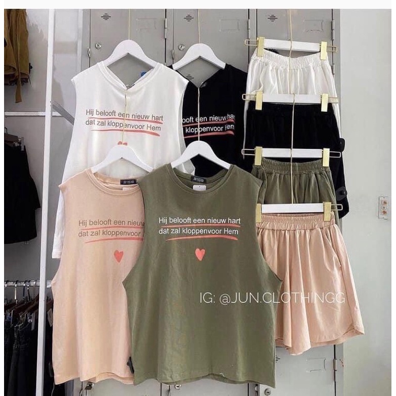 Sét áo Tanktop dáng rộng Oversize Bassic Hình tym kèm quần shorts đùi đủ màu thể thao,Bộ cộc Nam/Nữ mặc nhà dáng Unisex