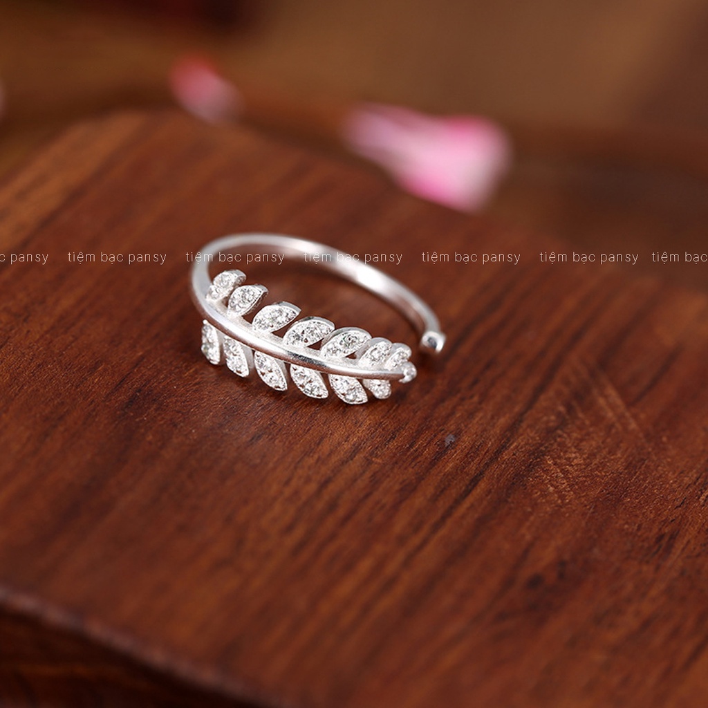 Nhẫn bạc nữ PANSY hình chiếc lá oliu đính đá, nhẫn bạc 925 thiết kế hở freesize